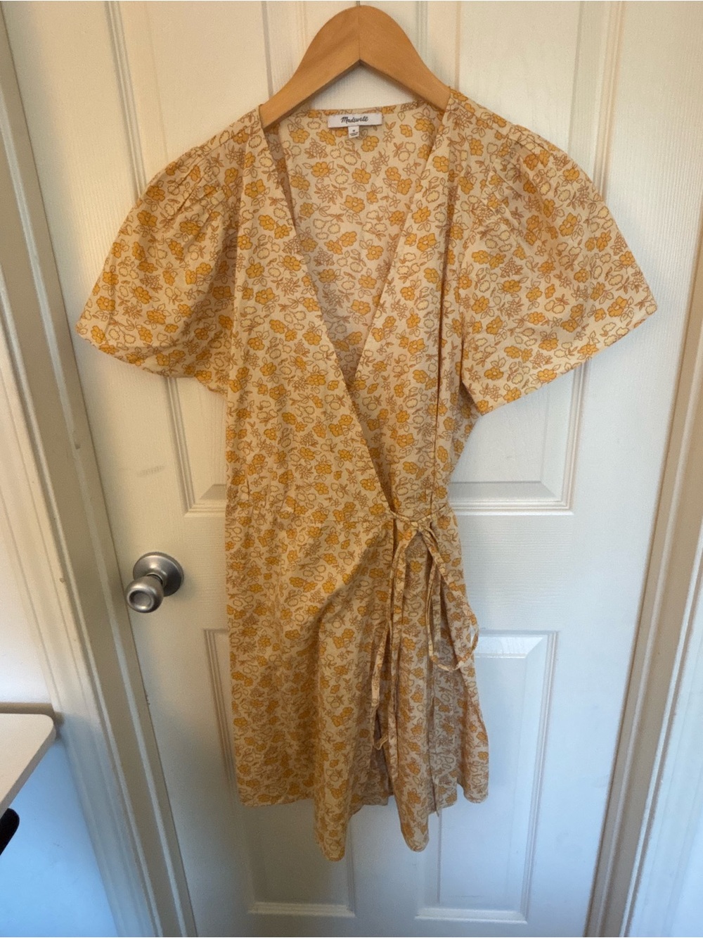 Madewell Cotton Mini Wrap Dress Yellow Floral Size M - Picture 2 of 7